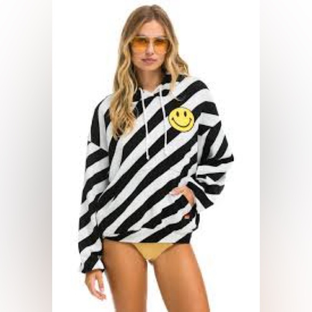 SOLD OUT Aviator Nation Smiley Stripe Hoodie NWT Sealed Pkg Black White S